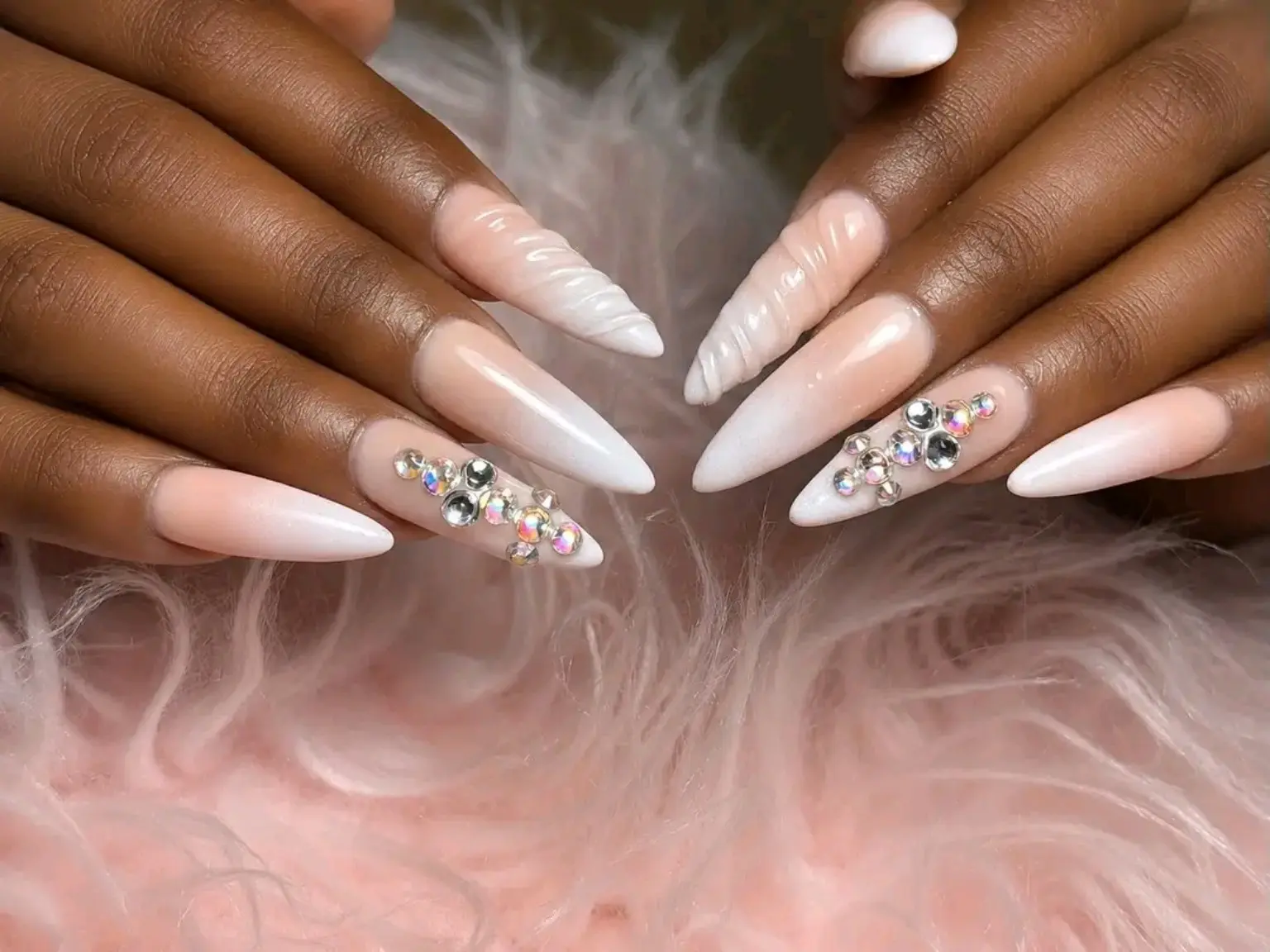 Elegant nude ombré sculpted nails with crystal details
