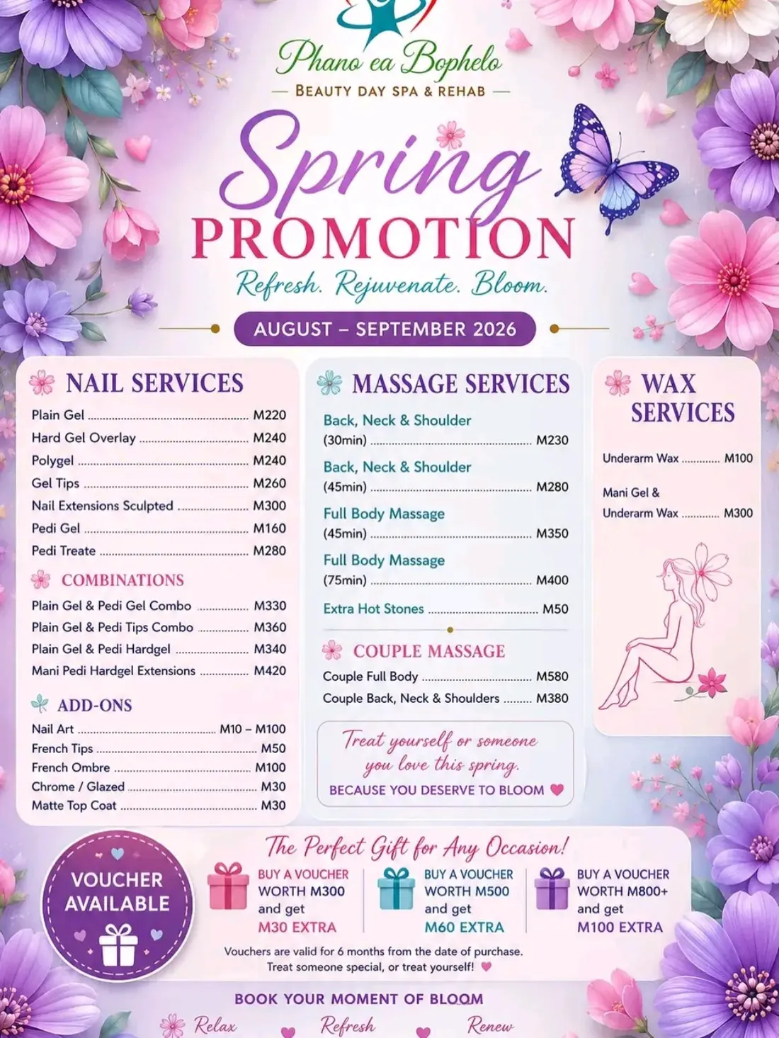 Phano ea Bophelo Spring Promotion treatment menu